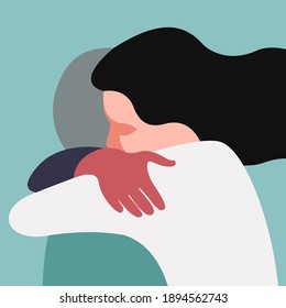 Vector Flat Highly Stylized Illustration Of Two People Hugging In A Non Standard Color Palette. The Illustration Can Be Used As A Postcard For Valentine's Day Or International Hug Day.