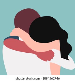 vector flat highly stylized illustration of two people hugging in a non standard color palette. the illustration can be used as a postcard for Valentine's Day or International Hug Day.