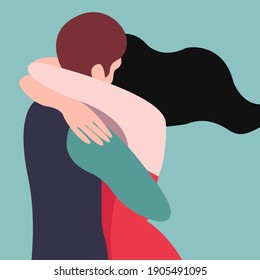 vector flat highly stylized illustration of two people hugging in a non standard color palette. the illustration can be used as a postcard for Valentine's Day or International Hug Day.