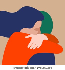 vector flat highly stylized illustration of two people hugging in a non standard color palette. the illustration can be used as a postcard for Valentine's Day or International Hug Day.