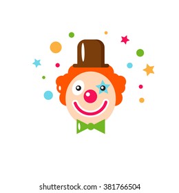 Vector flat holiday background. Clown. Smile. Happy Birthday card. Kids party and celebration. Circus. 