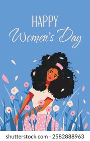 Vector flat holiday banner postcard 8 march, girl in flowers. Women's day. Feminism concept, women's empowerment, gender equality. Use for women's projects