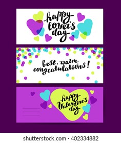 Vector flat holiday hand drawn creative cards. Love postcard. Save the date. Lover's day. Hand written font, lettering. Heart shape. Confetti. Party invitation, flayer, banner design.