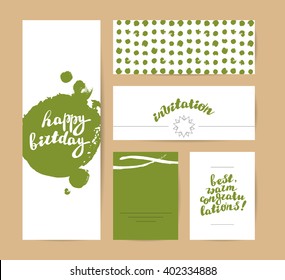 Vector flat holiday hand drawn creative cards. Happy birthday party. Invitation card. Hand written font. Lettering. Artistic paint spots isolated on white background.