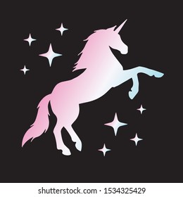 Vector flat holographic unicorn silhouette with stars isolated on black background