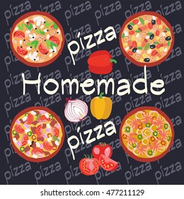 Vector Flat Homemade hot pizza icons set. Posters design of italian pizza restaurant, flyer or banner. Pizzeria cooking background illustration