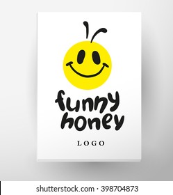 Vector flat honey logo. Hand drawn font. Bee icon. Ink drawing. Hand written lettering script insignia. Brand mark design. Business card, advertising.