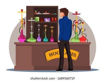 Vector flat hookah shop or lounge bar with shisha smoking pipe and accessory. Man buyer chooses hookah, flavored tobacco and smoking accessories for relaxing and leisure. Hookah bar interior concept 