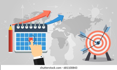 Vector flat horizontal banner. Concept of improvement, organization, agenda and business goals. Target with arrows, hand picking right day in month spiral calendar marked by pencil