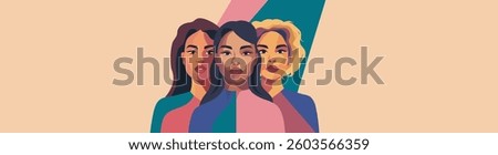 Vector flat horizontal banner gender equality, women's day, women of different cultures and nationalities stand together. Vector concept of movement for gender equality and women's empowerment