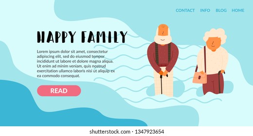 Vector Flat horizontal banner. Happy family. Older parents, bald, gray-haired grandfather with suspenders, standing on a cane. Elderly woman of respectful age leaning on a stick