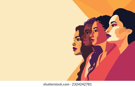 Vector flat horizontal banner for International Women's Day, women of different cultures and nationalities stand side by side together. concept of movement for gender equality and women empowerment - Shutterstock ID 2324242781