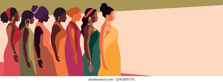 Vector flat horizontal banner for International Women's Day, beautiful women of different cultures and nationalities stand side by side together. The concept of the movement for gender equality 