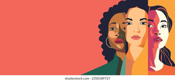 Vector flat horizontal banner for International Women's Day, women of different nationalities stand side by side together. Vector concept of movement for gender equality and women empowerment