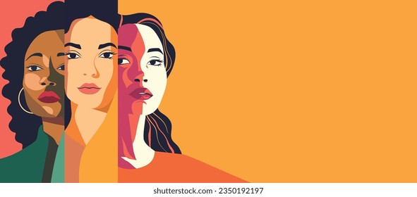 Vector flat horizontal banner for International Women's Day, women of different nationalities stand together. Vector concept of movement for gender equality and women empowerment