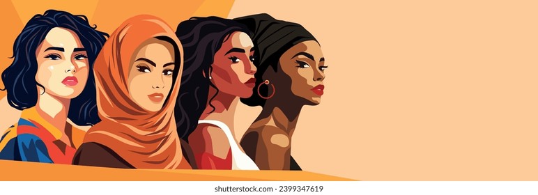 Vector flat horizontal banner for International Women's Day, women of different cultures and nationalities stand side by side. Vector concept of movement for gender equality and women's empowerment. F