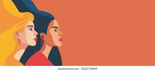 Vector flat horizontal banner for International Women's Day, different women standing side by side. Vector concept of movement for gender equality and women's empowerment