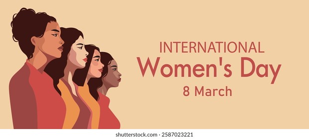 Vector flat horizontal banner for International Women's Day on March 8. Women of different cultures and skin colors stand together. Gender equality and women empowerment. For women projects