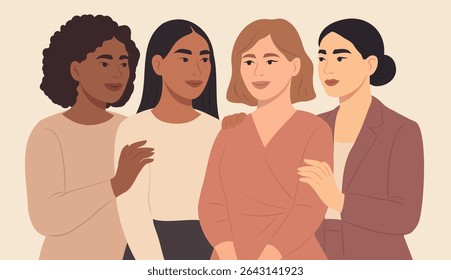 Vector flat horizontal banner for International Women's Day, women of different cultures and nationalities stand together, giving support. Movements for gender equality and women's empowerment