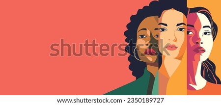 Vector flat horizontal banner for International Women's Day, women of different nationalities stand side by side together. Vector concept of movement for gender equality and women empowerment
