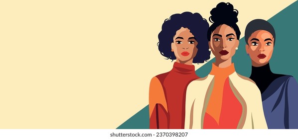 Lugar del cartel horizontal horizontal del vector para el texto. Ilustración de moda. Las mujeres diversas se enfrentan a mujeres hermosas, diferentes etnias. En contra del racismo. Movimiento por el empoderamiento de la mujer. Día de la Mujer