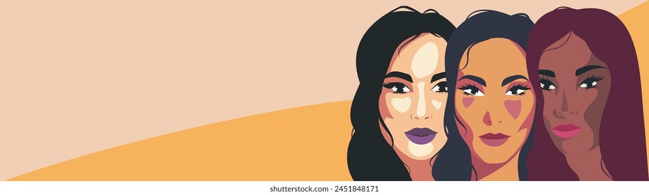 Vector flat horizontal banner in soft pastel colors for International Women's Day, women of different cultures. Vector concept of movement for gender equality and women's empowerment