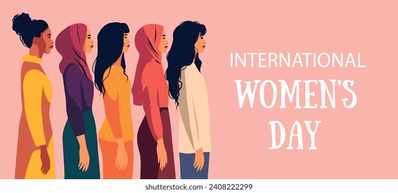 Vector flat horizontal banner with text for International Women's Day, women of different nationalities, group of different women standing together. Movement for gender equality and women's empowermen