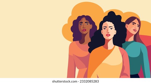 Vector flat horizontal banner of woman for International Women's Day, strong women of different cultures and nationalities stand together. Vector concept of movement for gender equality and women