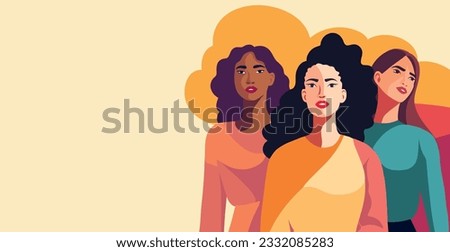 Vector flat horizontal banner of woman for International Women's Day, strong women of different cultures and nationalities stand together. Vector concept of movement for gender equality and women