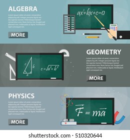 Vector flat horizontal banners of algebra, geometry and physics for websites. Business concept of math science, education and studying. Set of school equipment.