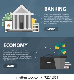 Vector flat horizontal banners of banking and economy for website and infographics. 