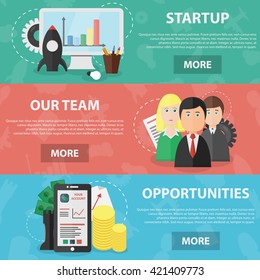 Vector flat horizontal banners of business startup theme for web and infographic. Concept of startup and teamwork. Set of economy and marketing objects.