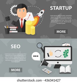 Vector flat horizontal banners of business startup and SEO for website and apps. Business concept posters of marketing, economy and finance. Illustration of digital commerce elements.