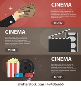 Vector flat horizontal banners of cinema for website. Business concept of movie, filming and theater. Set of isolated cinema elements in flat design.