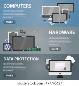 Vector flat horizontal banners of computers, hardware and data protection for website. Business concept of electronics market and technology store. Set of isolated computers and laptop in flat design.