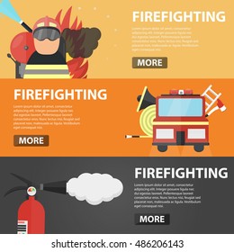 Vector flat horizontal banners of firefighting for website. Business concept of firefighter profession, emergency, fire protection and danger situation.