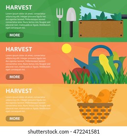 Vector flat horizontal banners of harvest for website. Business concept of harvesting, farming and plowing. Set of isolated farmer equipment in flat design.