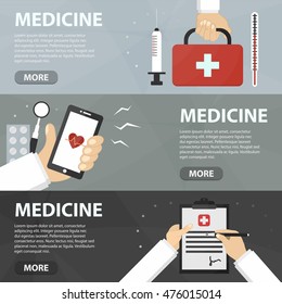 Vector flat horizontal banners of medicine for website. Business concept of healthcare, treatment and doctor profession. Set of isolated medical equipment in flat design.