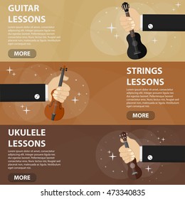 Vector flat horizontal banners of music lessons for website and advertising. Business concept of guitar, strings, ukulele lessons and creative education. Set of musical instruments in flat design.