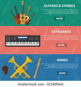 Vector flat horizontal banners of musical instruments for website. Music shop business concept.