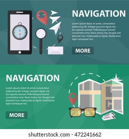Vector flat horizontal banners of navigation for website. Business concept of logistics, mapping and traveling. 