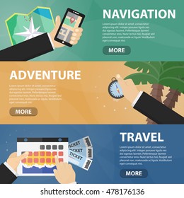 Vector flat horizontal banners of navigation, adventure and travel for website. Business concept of logistics, mapping and tourism. Set of isolated traveling elements in flat design.
