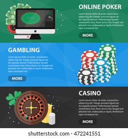 Vector flat horizontal banners of online poker and casino for website. Business concept of gambling market and games of chance. 
