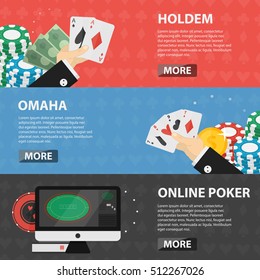 Vector flat horizontal banners of poker for websites. Business concept of gambling, casino marketing and game of chance. Set of poker elements.