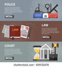 Vector flat horizontal banners of police, law and court for websites and apps. Business concept of police department station, social protection and security. Set of law and order elements.