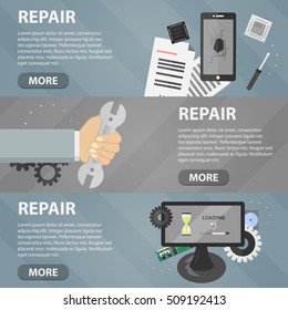 Vector flat horizontal banners of repair for websites. Business concept of computer support service and electronic market. Set of phone elements and hardware.