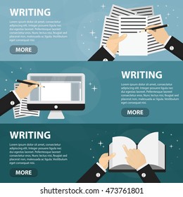 Vector flat horizontal banners of writing for website. Business concept of writer profession and copywriting freelance work. Set of hands with document and paper.