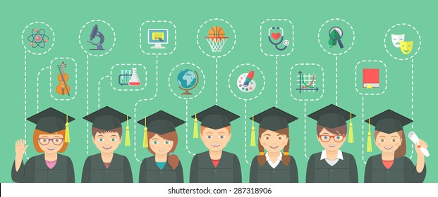 Vector flat horizontal illustration of group of kids in graduation gowns and caps with icons of different school subjects and sciences. Education infographics conceptual element. Header banner design