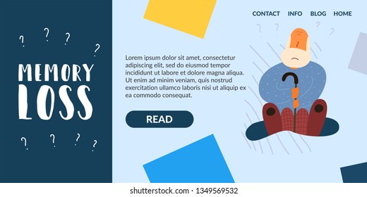 Vector flat horizontal loss memory banner. An elderly man grandfather of respectful age sits in a bald chair with a beard. A gray-haired man holding his hands for a cane does not remember.