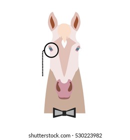 Vector Flat horse hipster head isolated. Isabella color horse face in monocle and bowtie.  Cartoon style illustration. Object for web, poster, banner, print design. Advertisement decoration element